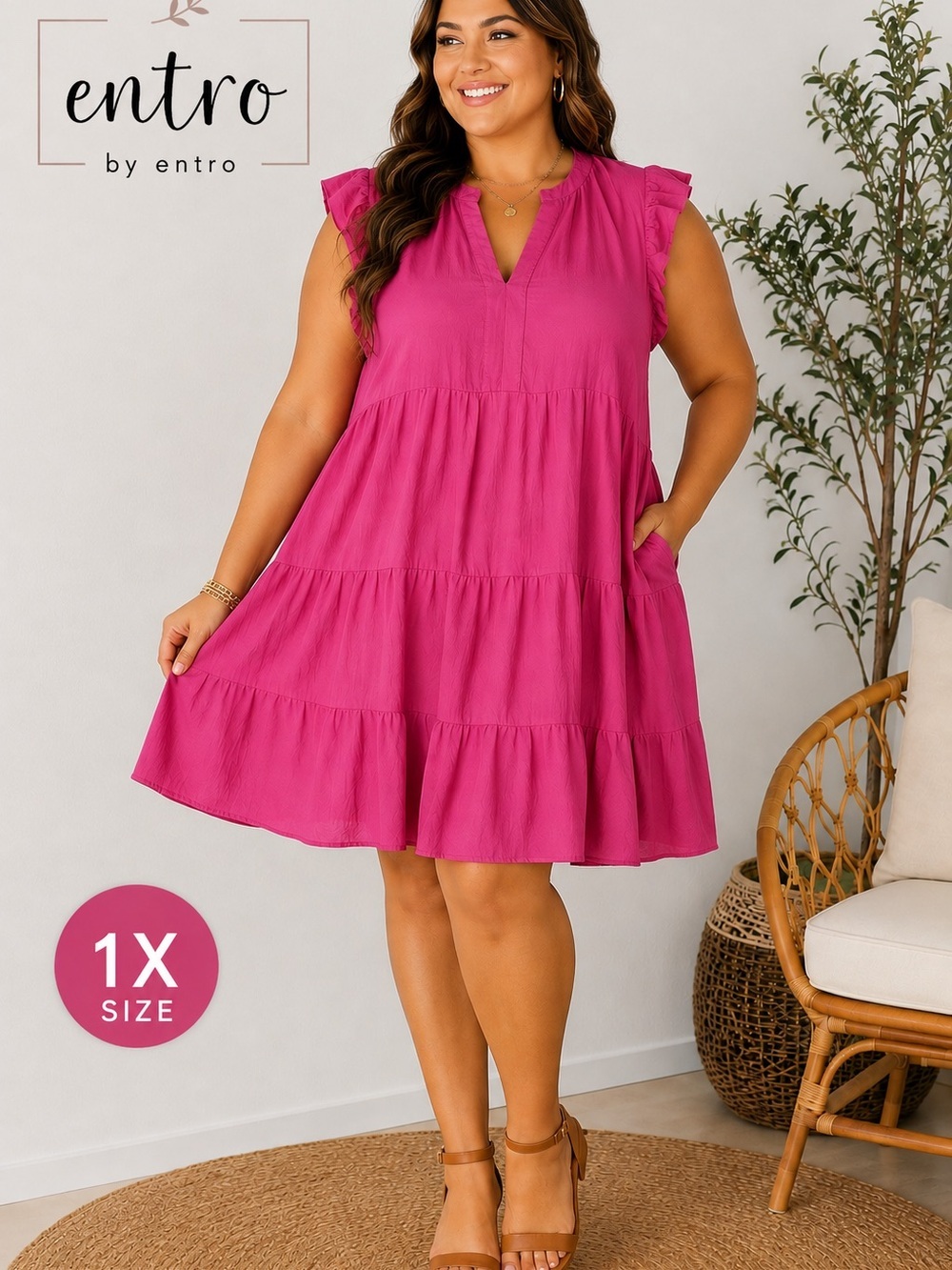 Entro 1X Pink Tiered Dress Ruffle Sleeve V Neck Pockets Boho Plus Size